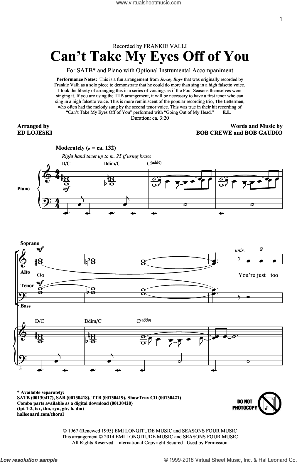 Can't Take My Eyes Off Of You (from Jersey Boys) (arr. Ed Lojeski)