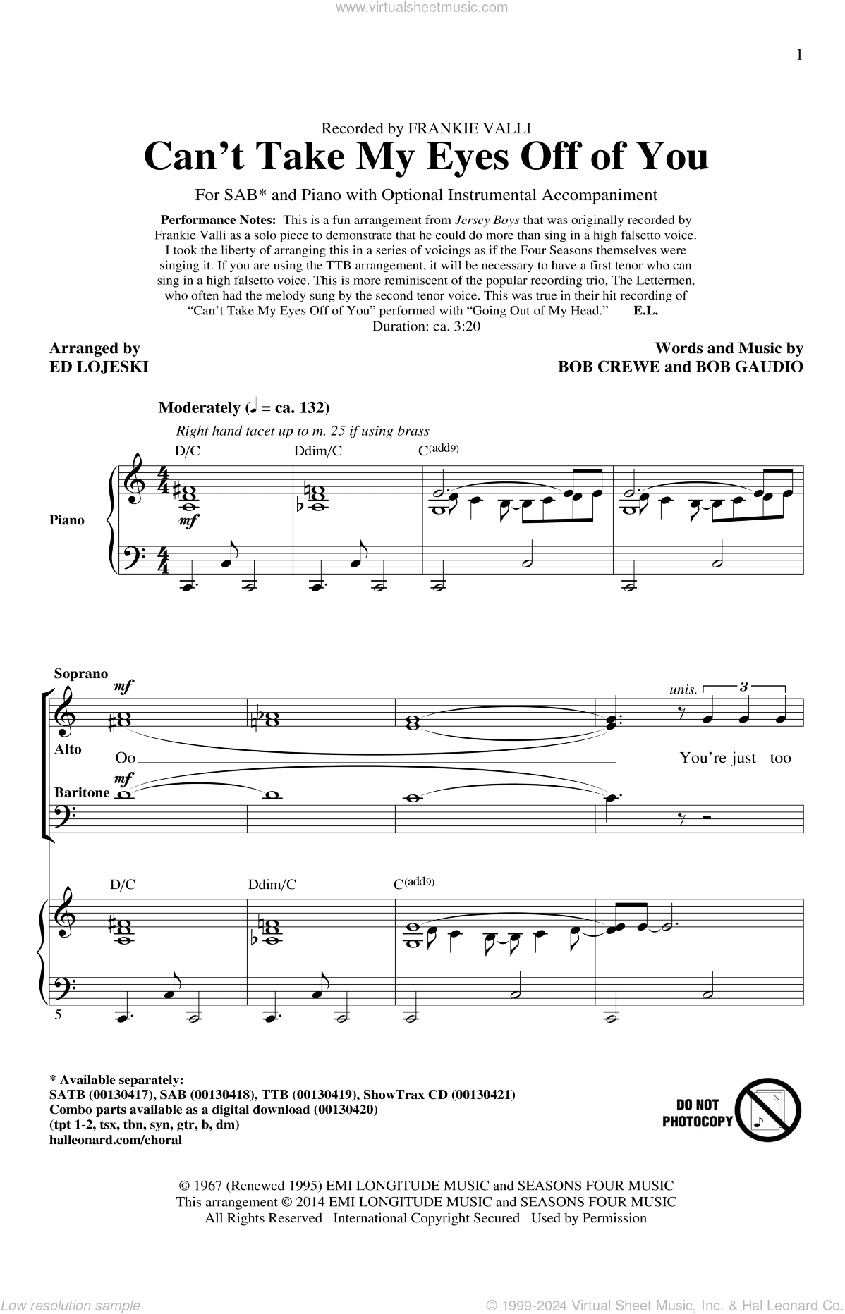 Can't Take My Eyes Off Of You (from Jersey Boys) (arr. Ed Lojeski)