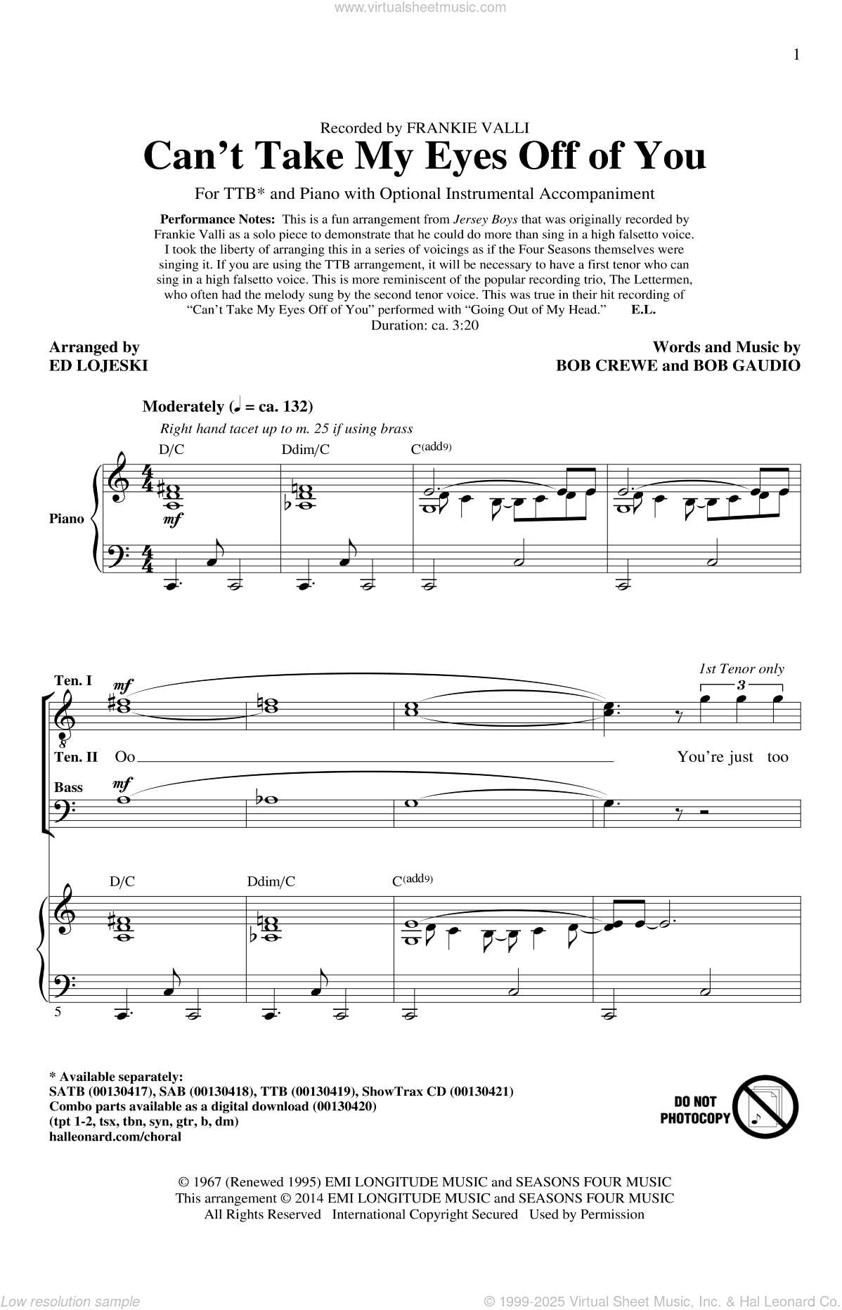 Can't Take My Eyes Off Of You (from Jersey Boys) (arr. Ed Lojeski)