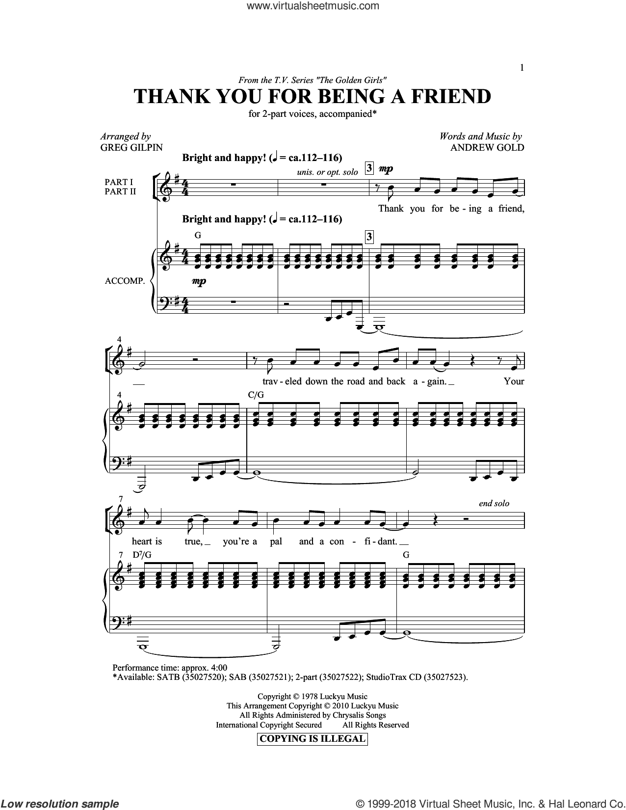 Thank You For Being A Friend (Theme from The Golden Girls) (arr. Greg Gilpin)