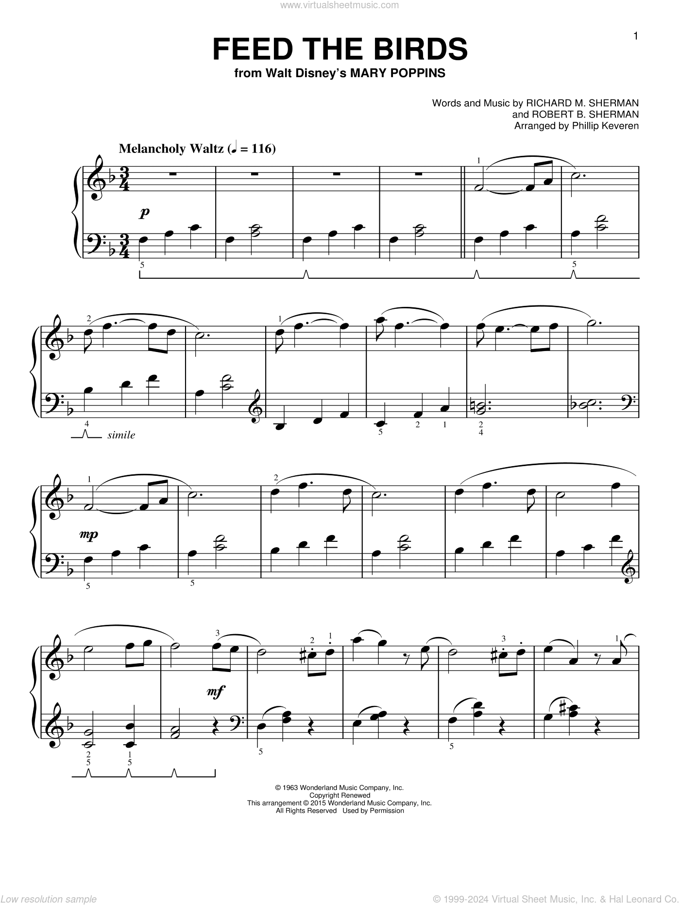 Feed The Birds (Tuppence A Bag) [Classical version] (from Mary Poppins) (arr. Phillip Keveren)