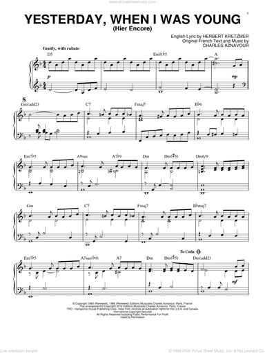 Yesterday, When I Was Young (Hier Encore) [Jazz version] (arr. Brent Edstrom)