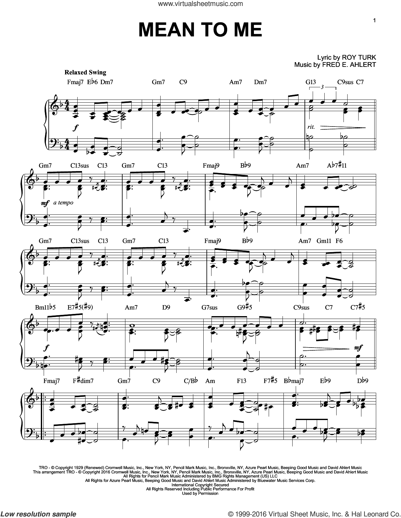 Mean To Me (from Love Me Or Leave Me) (arr. Brent Edstrom)