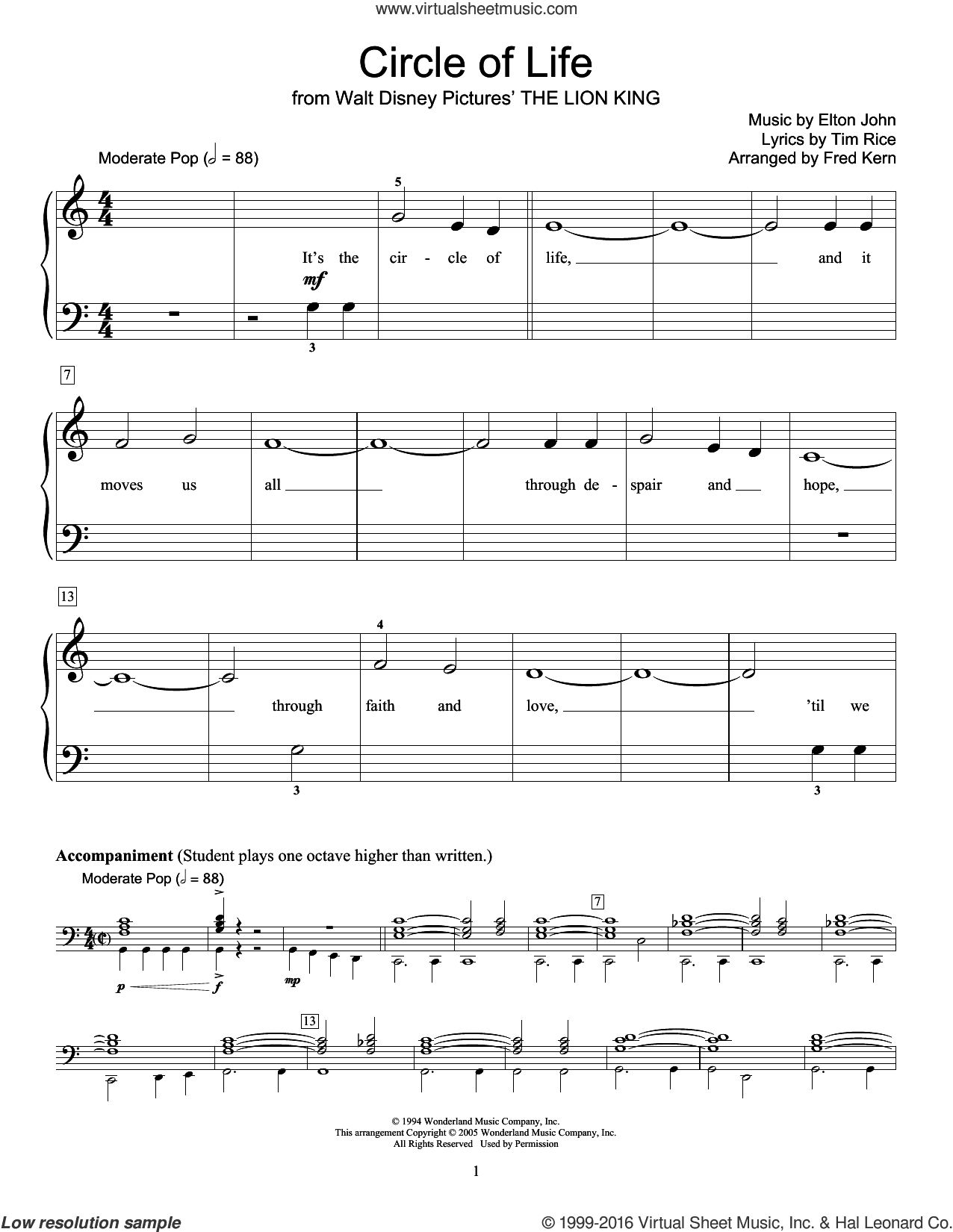 Circle Of Life (from The Lion King) (arr. Fred Kern)
