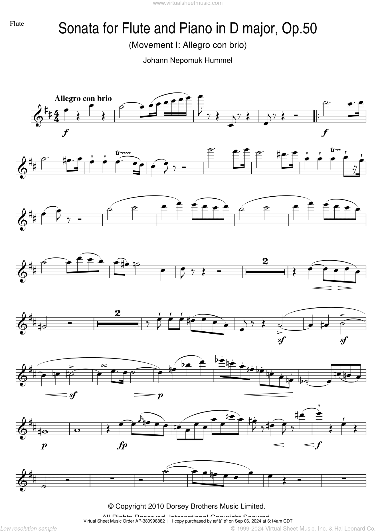 Sonata For Flute And Piano In D Major, Op.50