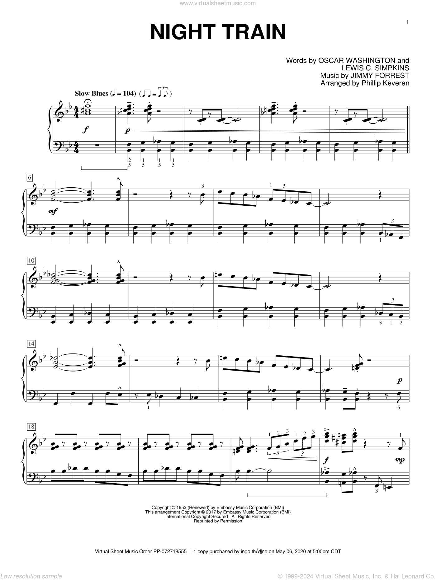 Night Train (arr. Phillip Keveren), (intermediate)
