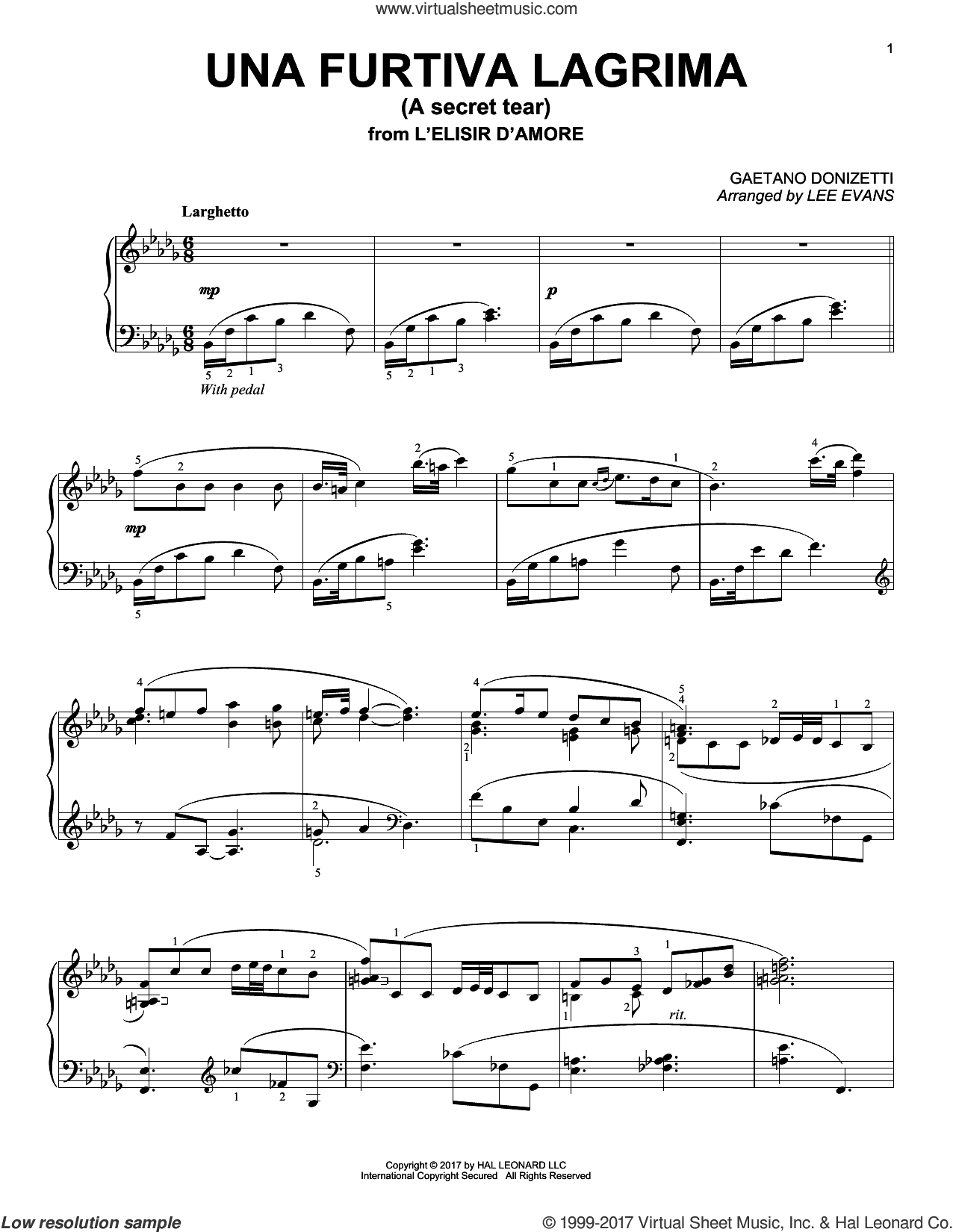 Una Furtiva Lagrima (The Elixir Of Love) (arr. Lee Evans)