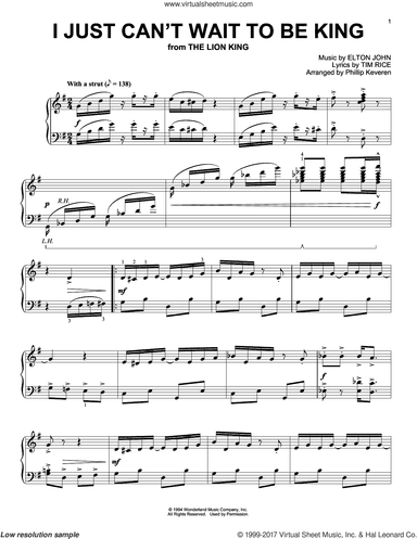 I Just Can't Wait To Be King [Ragtime version] (from The Lion King) (arr. Phillip Keveren)