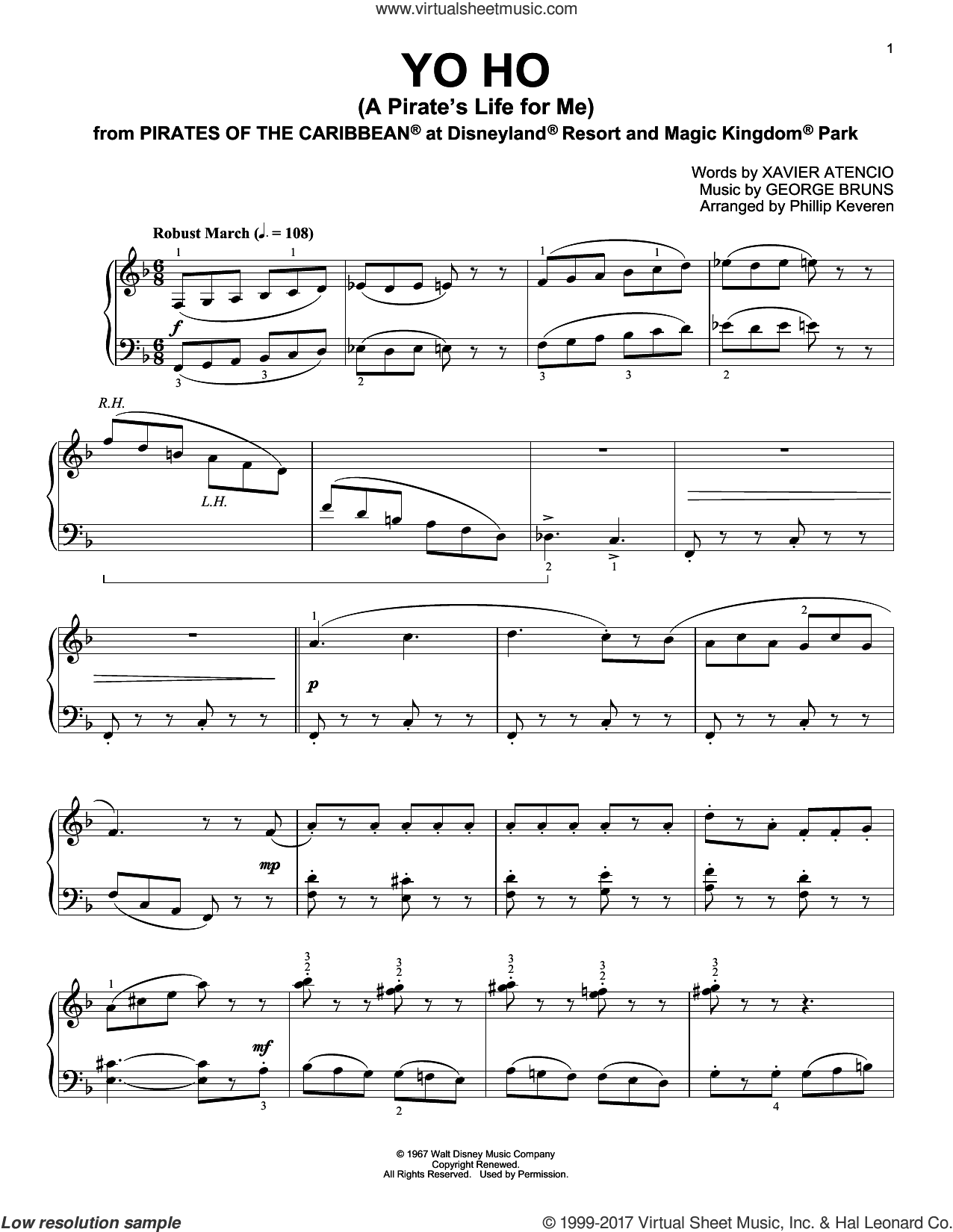 Yo Ho (A Pirate's Life For Me) [Ragtime version] (arr. Phillip Keveren)