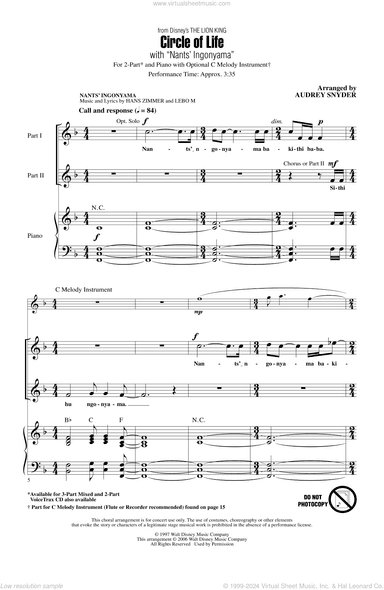 Circle Of Life (with Nants' Ingonyama) (from The Lion King) (Arr. Audrey Snyder)