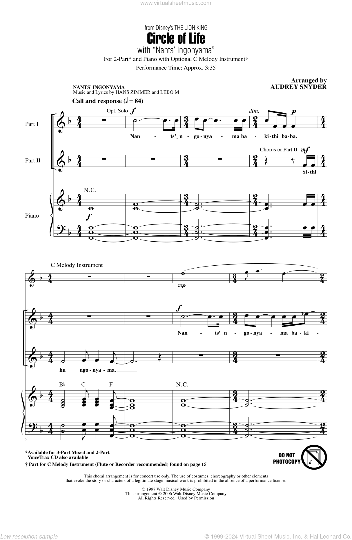 Circle Of Life (with Nants' Ingonyama) (from The Lion King) (Arr. Audrey Snyder)