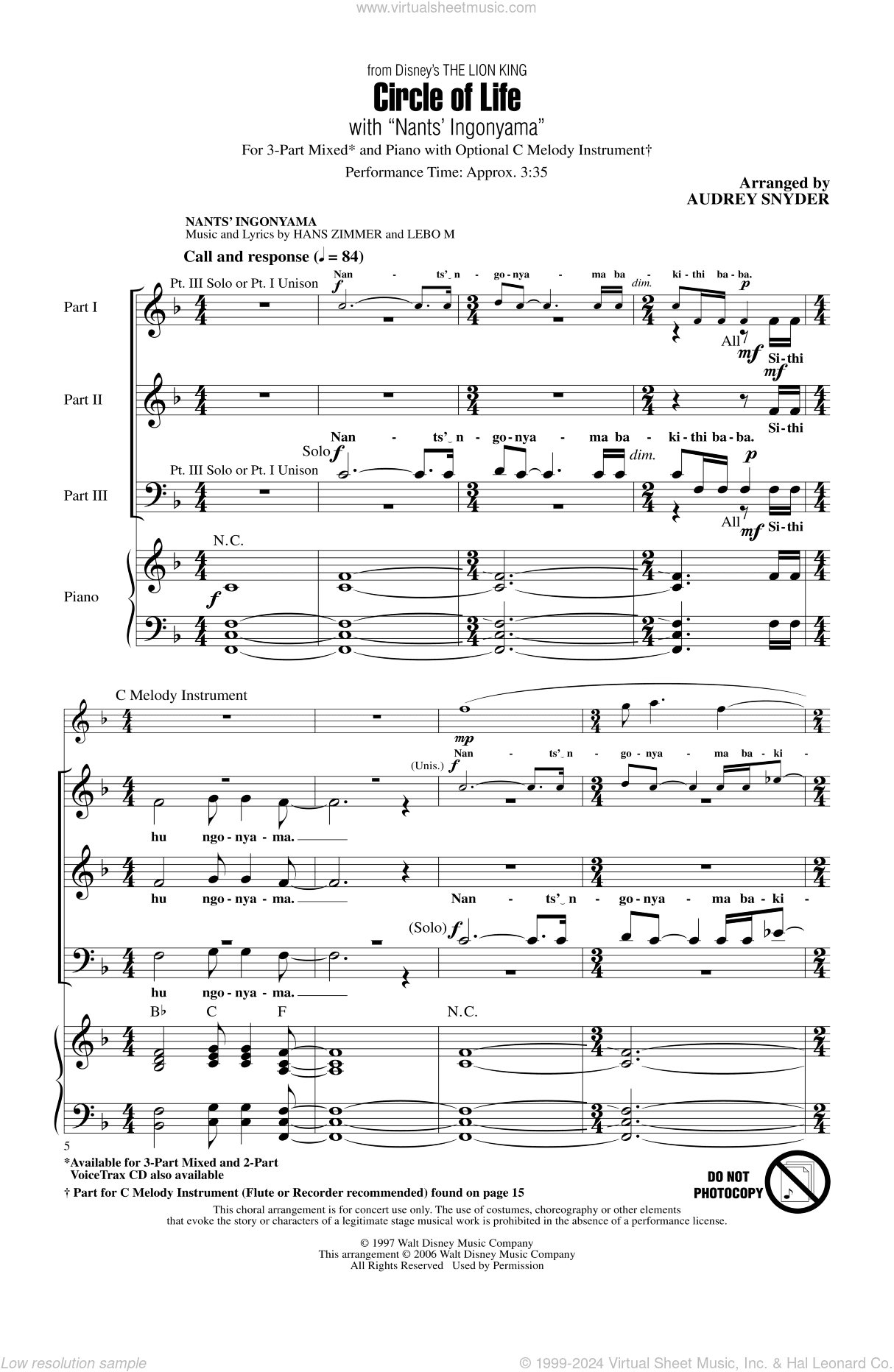 Circle Of Life (with Nants' Ingonyama) (from The Lion King) (Arr. Audrey Snyder)