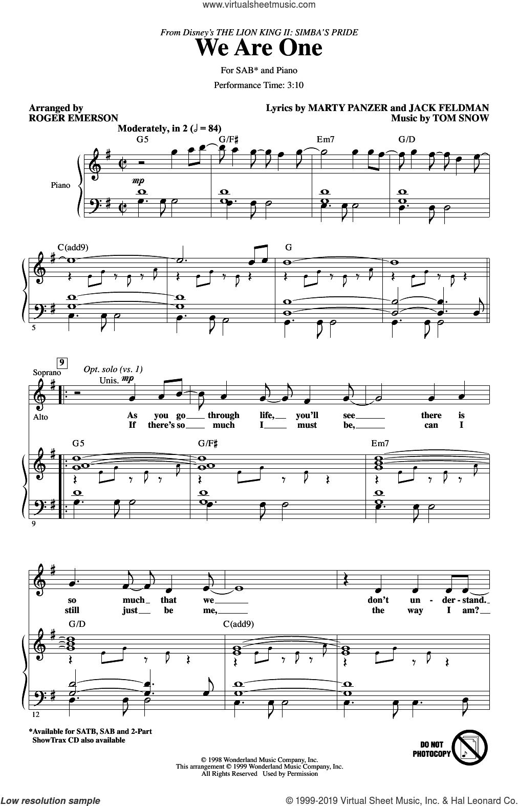 We Are One (from The Lion King II: Simba's Pride) (arr. Roger Emerson)