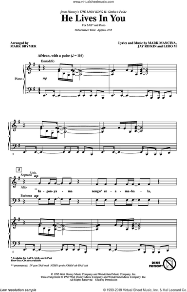 He Lives In You (from The Lion King II: Simba's Pride) (arr. Mark Brymer)
