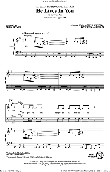 He Lives In You (from The Lion King II: Simba's Pride) (arr. Mark Brymer)