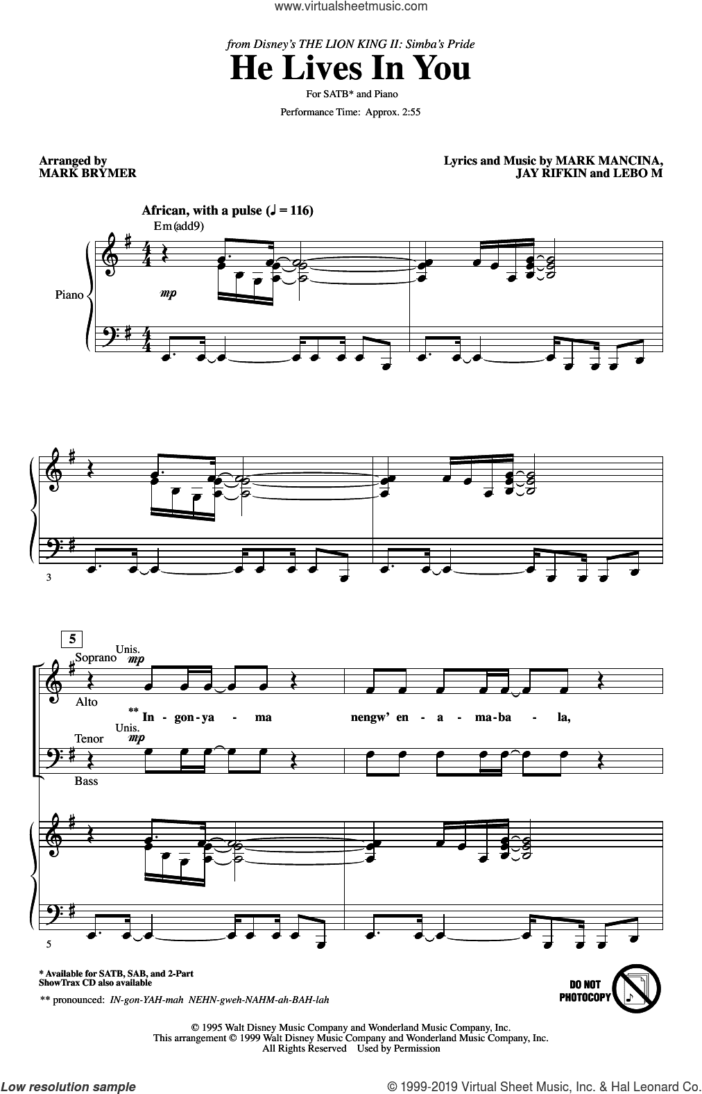 He Lives In You (from The Lion King II: Simba's Pride) (arr. Mark Brymer)