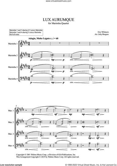 Lux Aurumque for Marimba Quartet (arr. Joby Burgess)