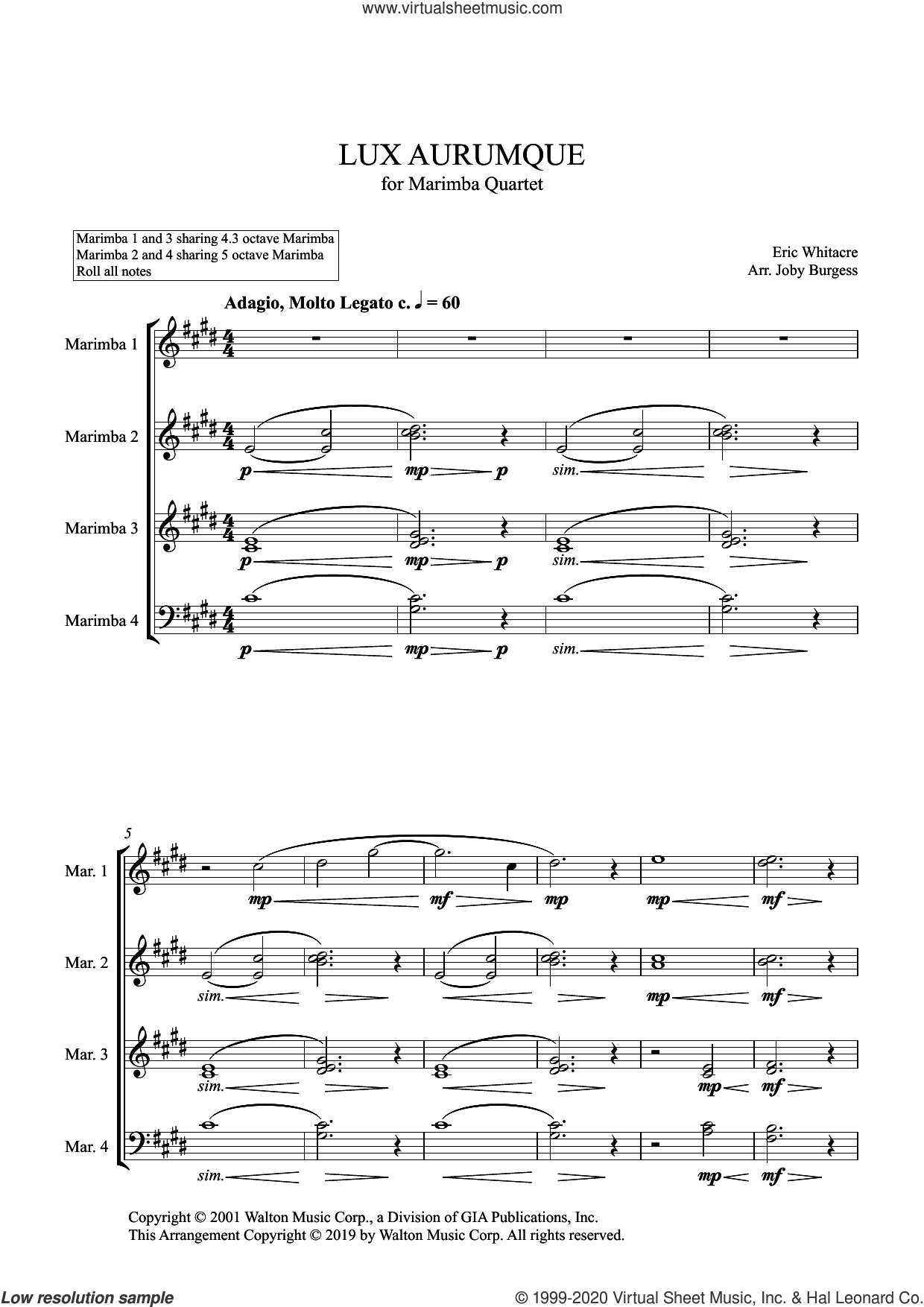 Lux Aurumque for Marimba Quartet (arr. Joby Burgess)
