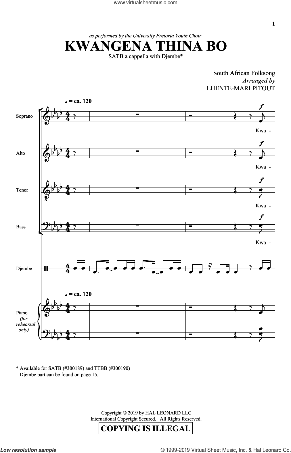 Kwangena Thina Bo (arr. Lhente-Mari Pitout)