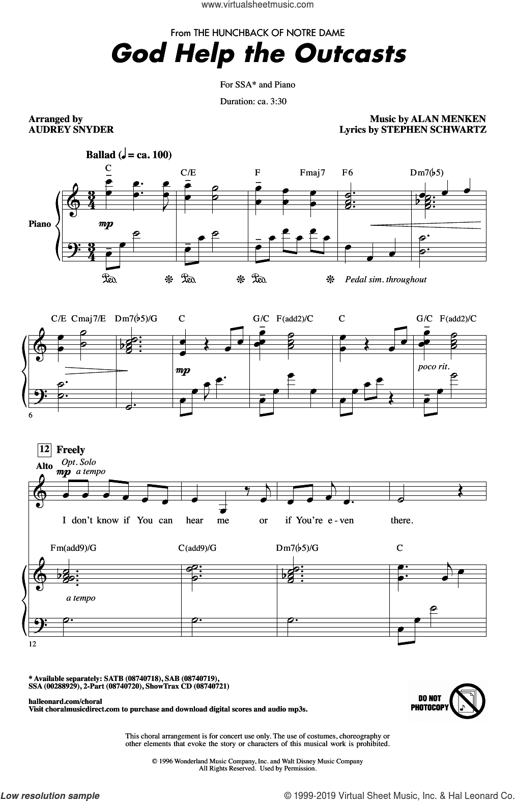 God Help The Outcasts (from The Hunchback Of Notre Dame) (arr. Audrey Snyder)