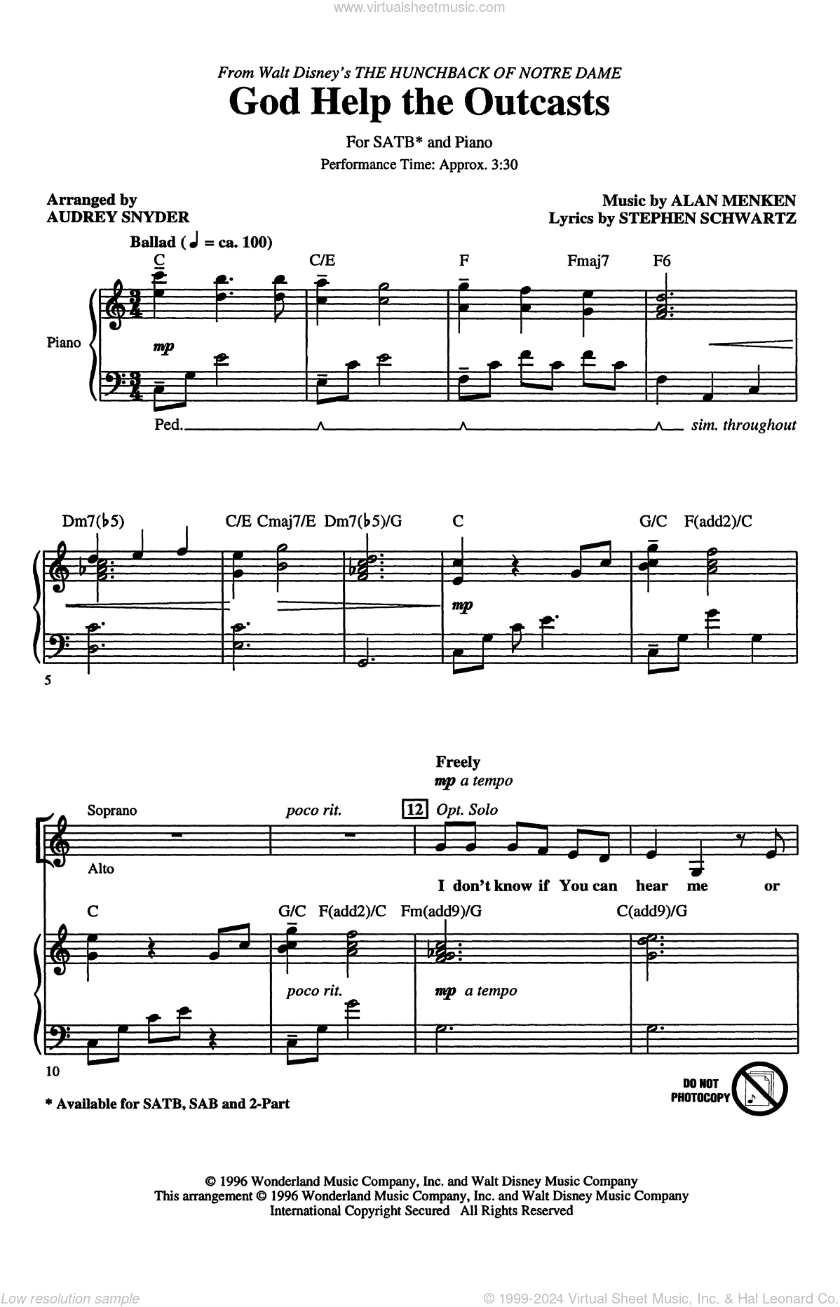 God Help The Outcasts (from The Hunchback Of Notre Dame) (arr. Audrey Snyder)