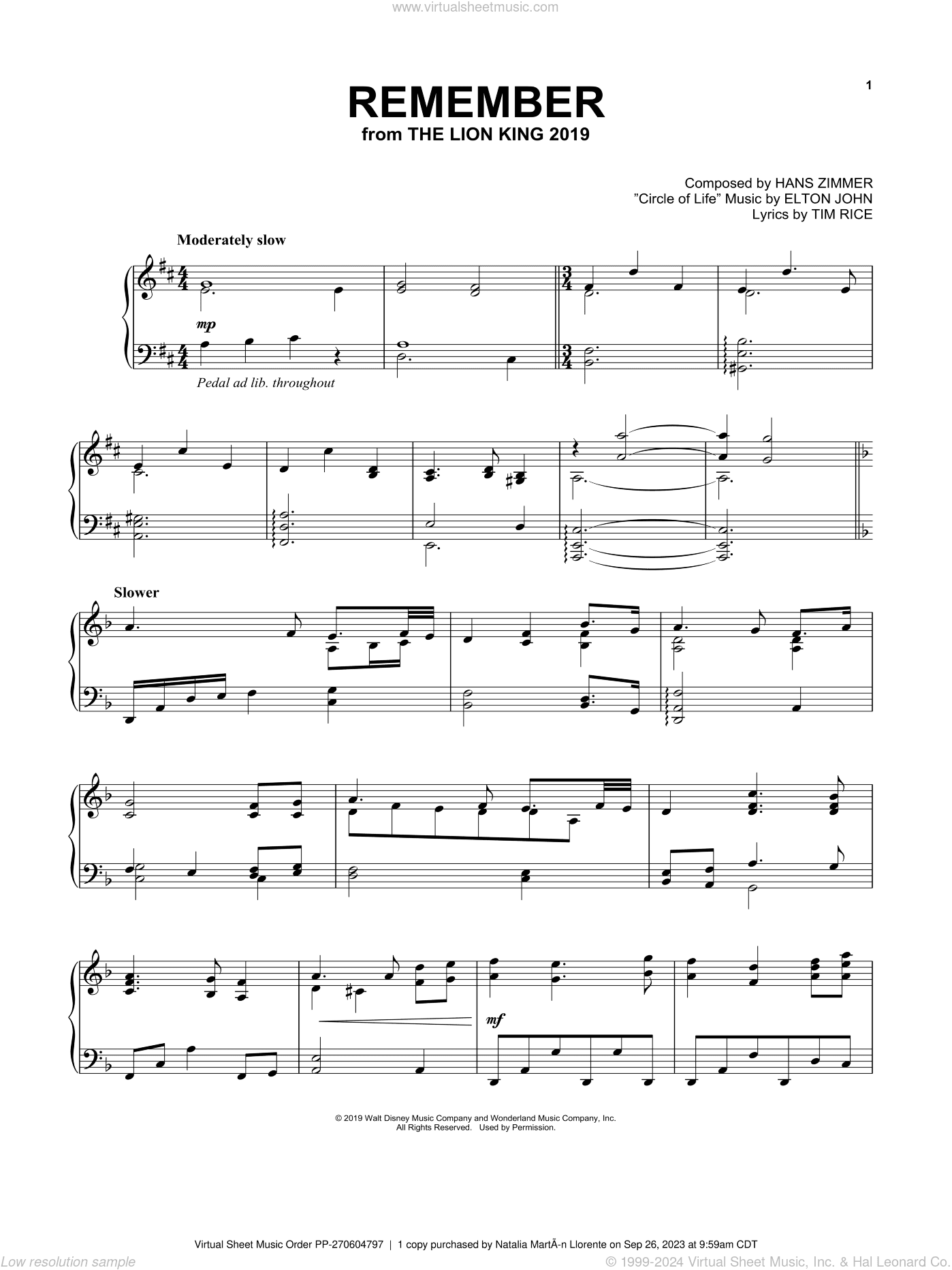 Remember (from The Lion King 2019), (intermediate)