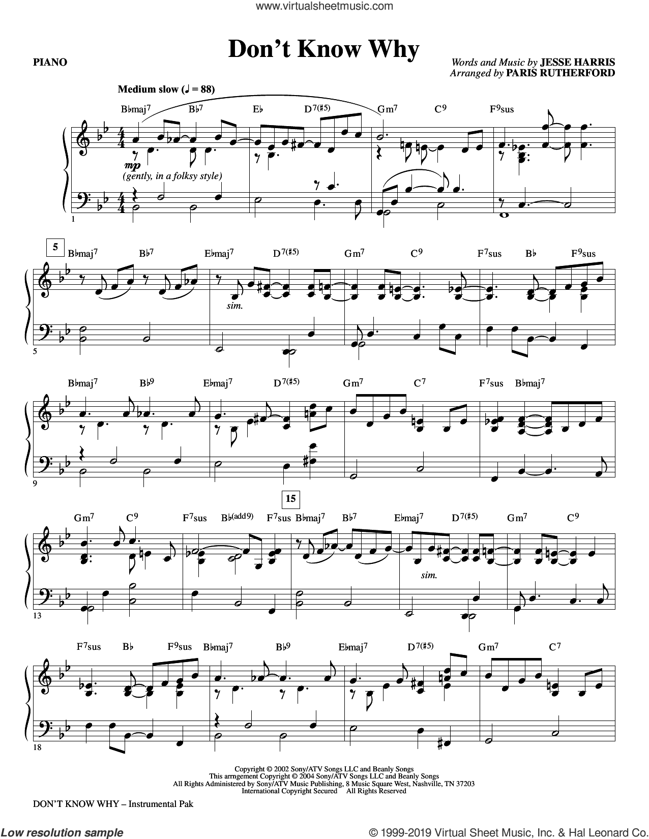 Don't Know Why (arr. Paris Rutherford) (complete set of parts)