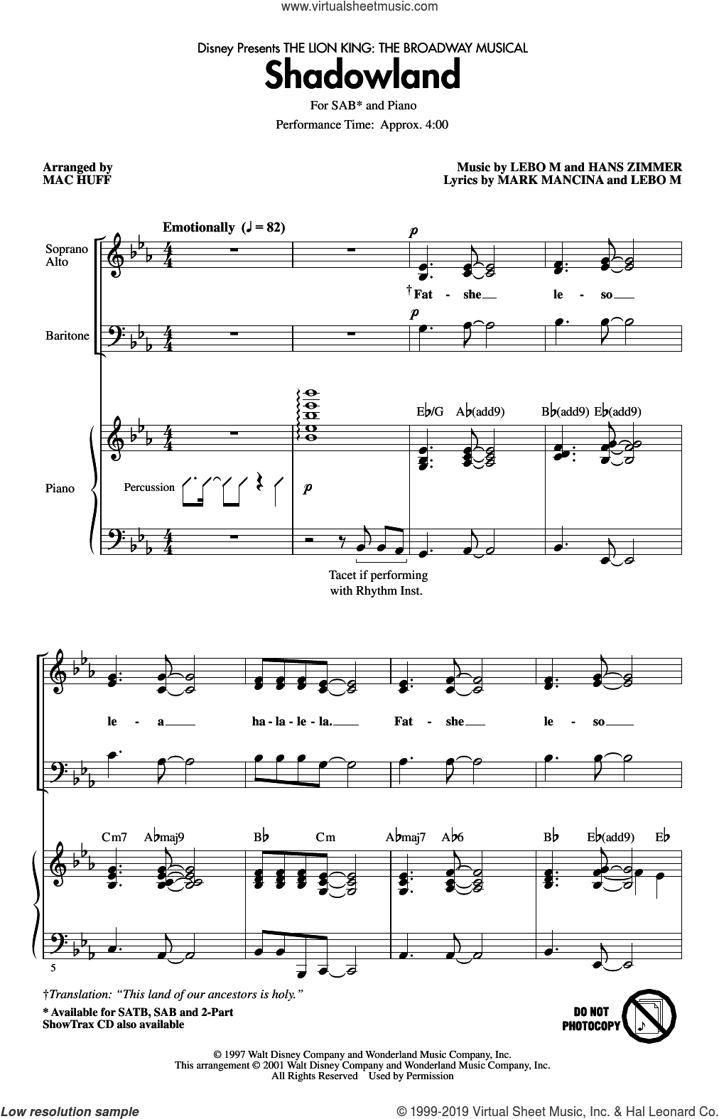 Shadowland (from The Lion King: Broadway Musical) (arr. Mac Huff)