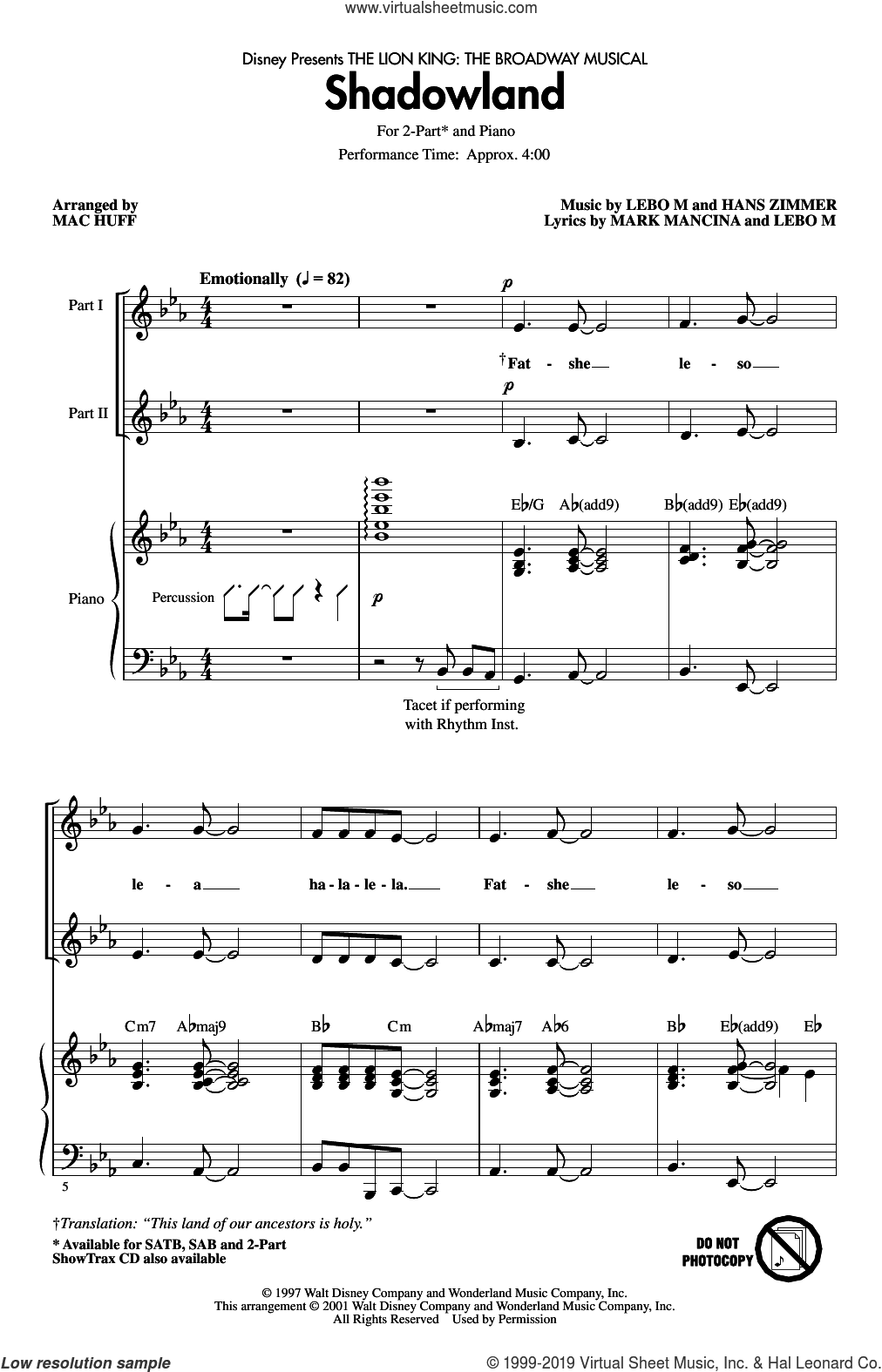 Shadowland (from The Lion King: Broadway Musical) (arr. Mac Huff)