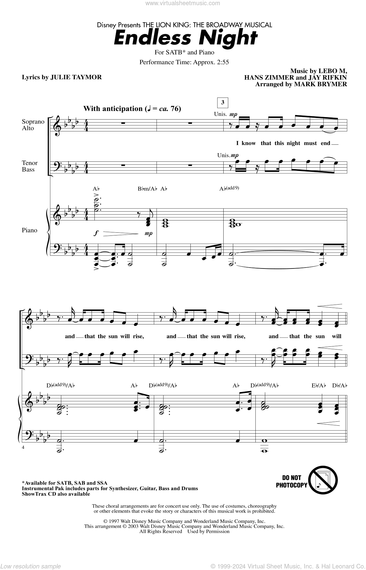 Endless Night (from The Lion King: Broadway Musical) (arr. Mark Brymer)