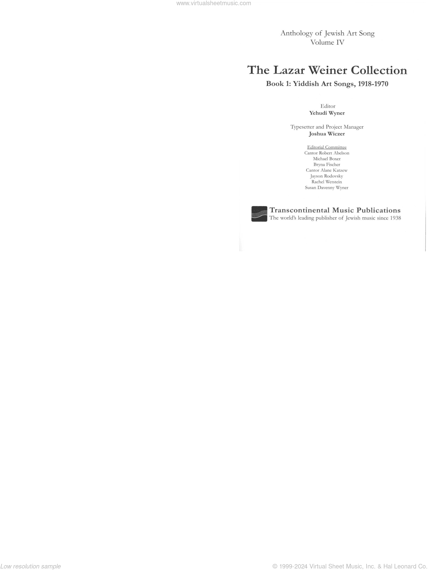 The Lazar Weiner Collection - Book 1: Yiddish Art Songs, 1918-1970