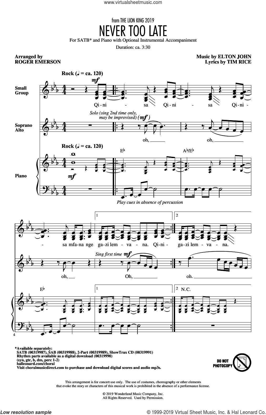 Never Too Late (from The Lion King 2019) (arr. Roger Emerson)