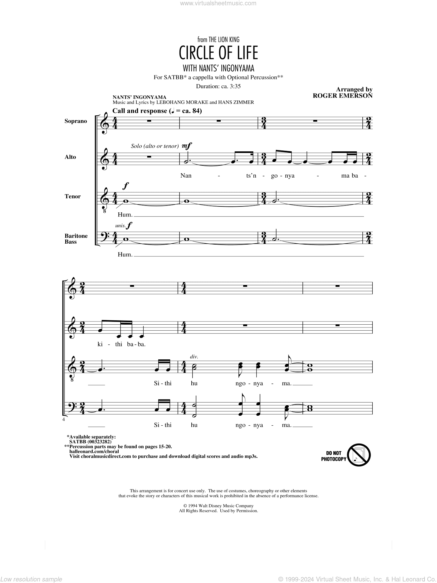 Circle Of Life (with Nants' Ingonyama) (from The Lion King) (arr. Roger Emerson)