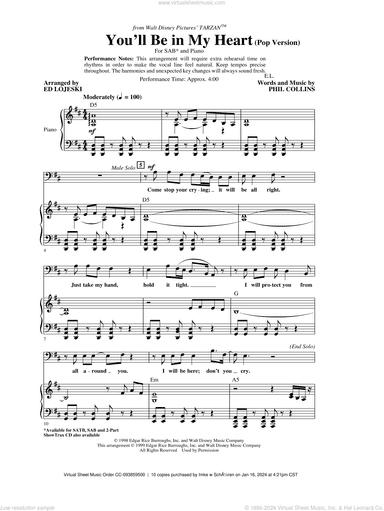 You'll Be In My Heart (Pop Version) (from Tarzan) (arr. Ed Lojeski)
