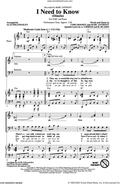 I Need To Know (Dimelo) (arr. Alan Billingsley)