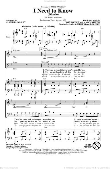 I Need To Know (Dimelo) (arr. Alan Billingsley)