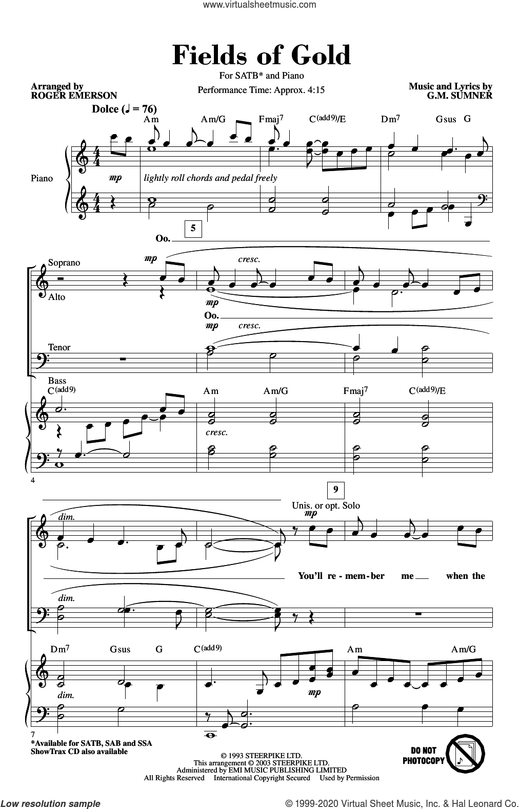 Fields Of Gold (arr. Roger Emerson)