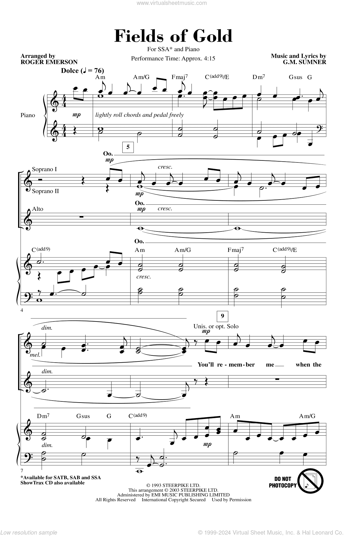 Fields Of Gold (arr. Roger Emerson)