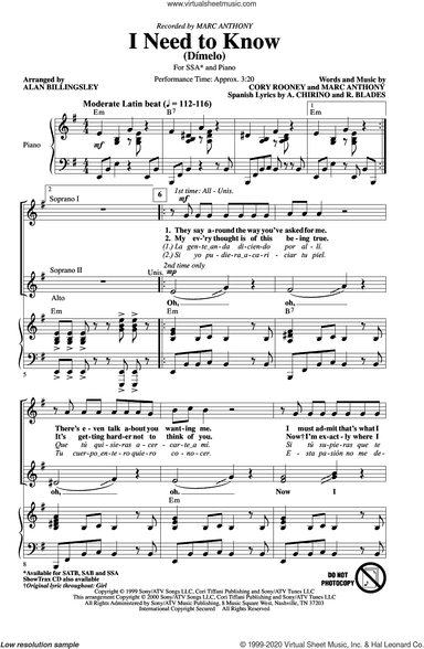 I Need To Know (Dimelo) (arr. Alan Billingsley)