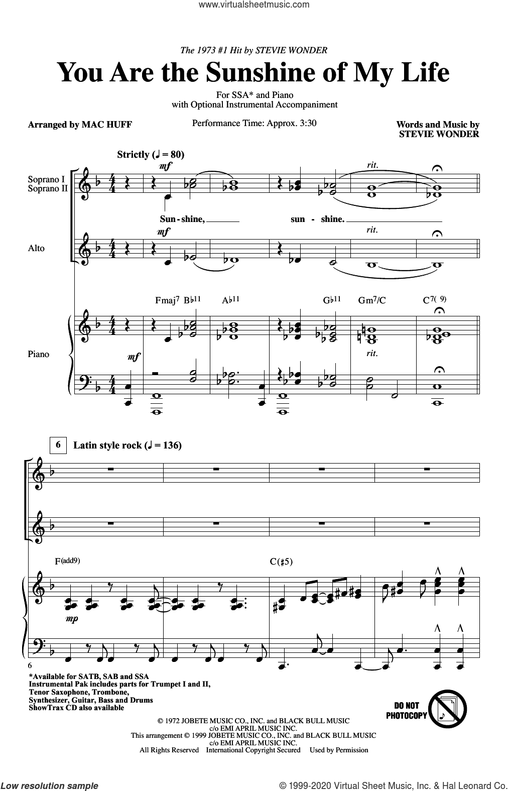 You Are The Sunshine Of My Life (arr. Mac Huff)