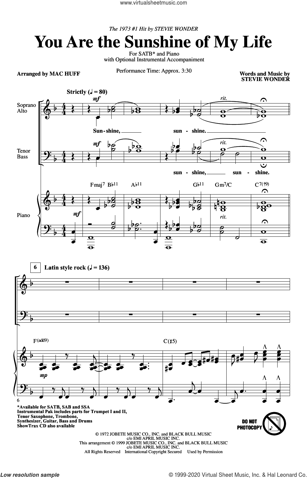 You Are The Sunshine Of My Life (arr. Mac Huff)