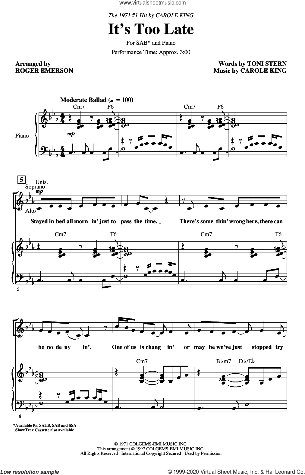 It's Too Late (arr. Roger Emerson)