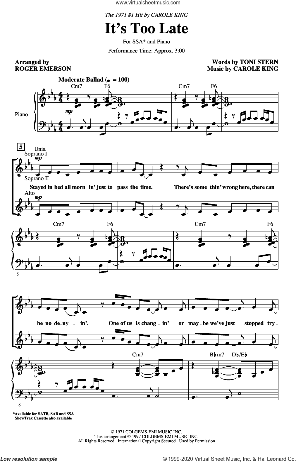 It's Too Late (arr. Roger Emerson)