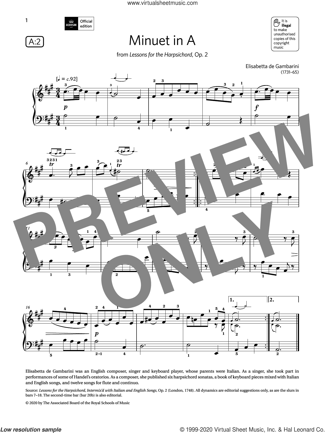 Minuet in A (Grade 2, list A2, from the ABRSM Piano Syllabus 2021 and 2022)
