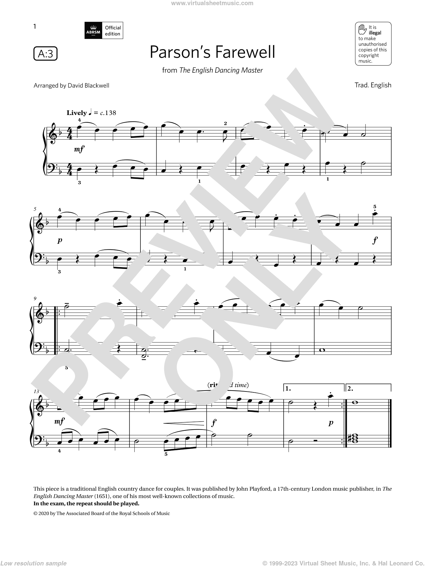 Parson's Farewell (Grade 1, list A3, from the ABRSM Piano Syllabus 2021 and 2022)