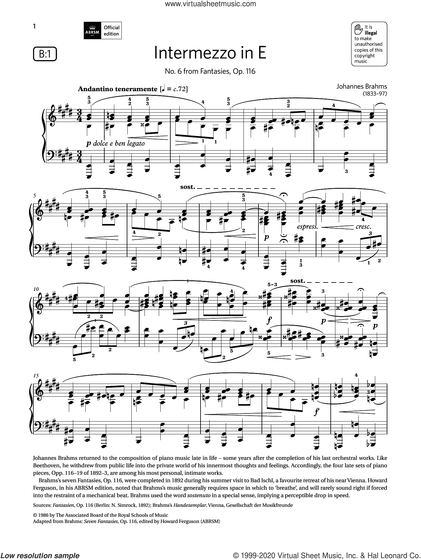 Intermezzo in E (Grade 8, list B1, from the ABRSM Piano Syllabus 2021 and 2022)