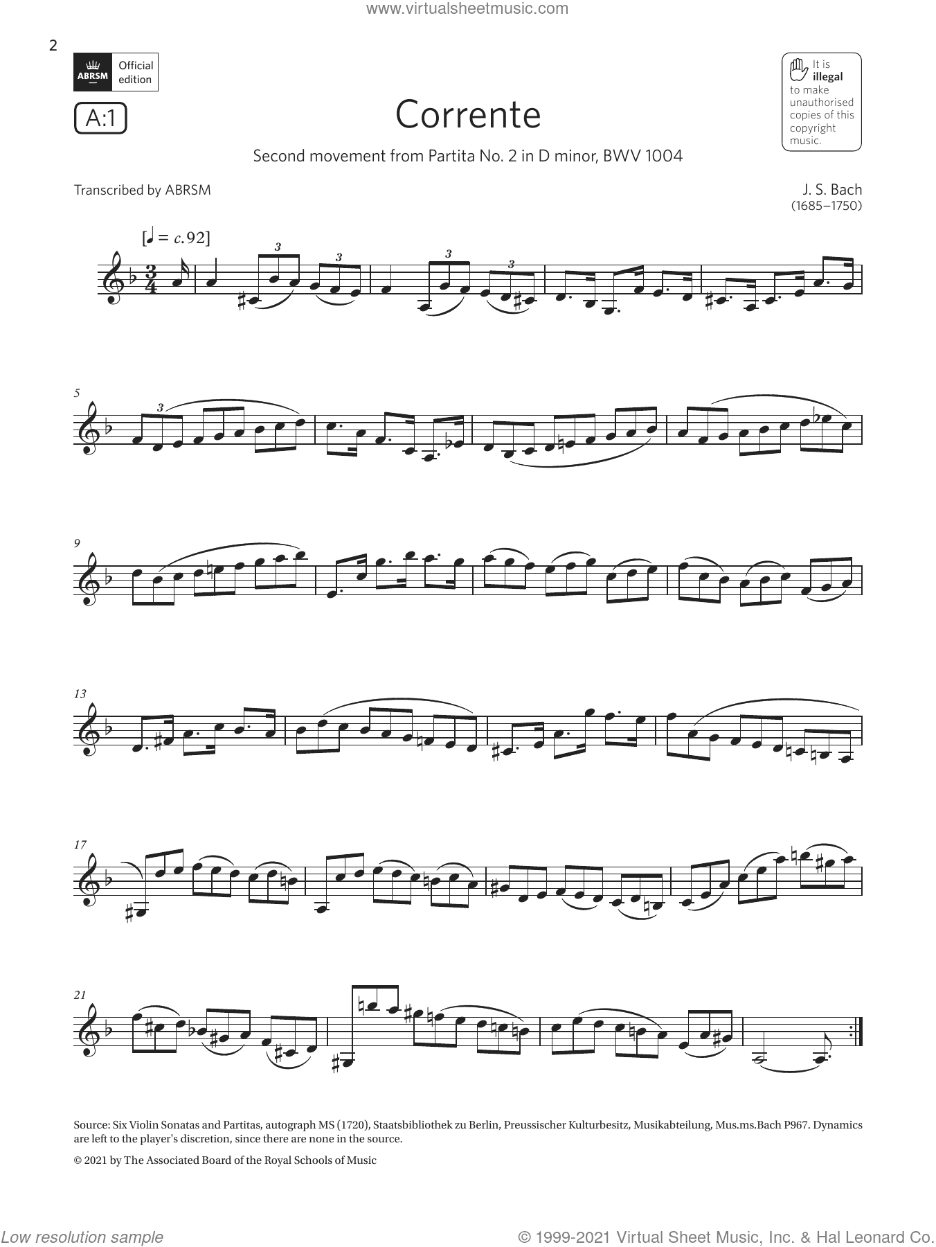 Corrente (from Partita No2 in D minor) (Grade 6 List A1 from the ABRSM Clarinet syllabus from 2022)