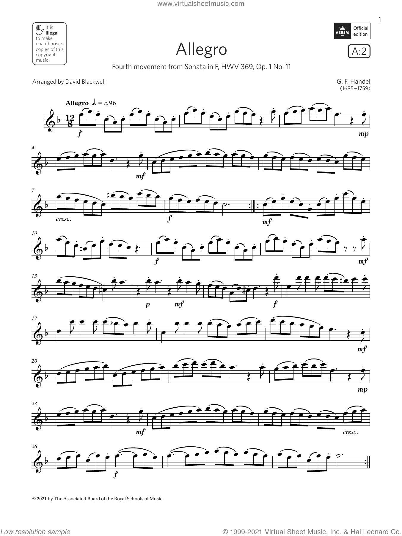 Allegro (from Sonata in F, Op.1 No.11)  (Grade 4 A2 from the ABRSM Saxophone syllabus from 2022)