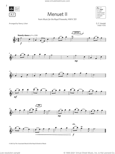 Menuet II (Music for the Royal Fireworks) (Grade 2 List A1 from the ABRSM Flute syllabus from 2022)