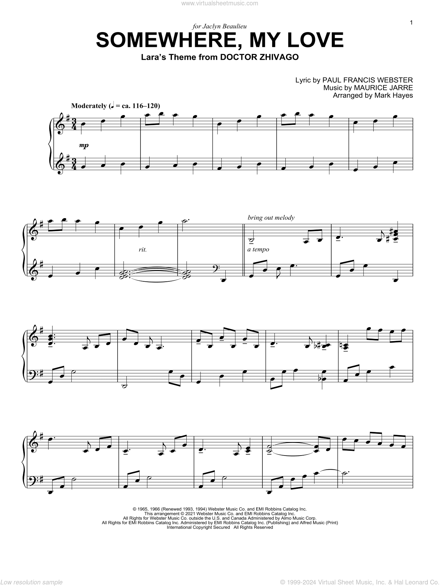 Somewhere, My Love (Lara's Theme from Doctor Zhivago) (arr. Mark Hayes)